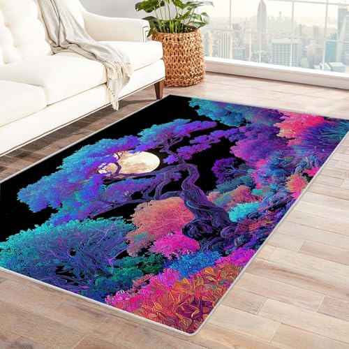 QUSAAOU Abstrakter Matte rutschfeste Unterseite Neon-Mondbaum Baum des Lebens Design Teppiche Perfekt für Wohnzimmer, BüRo Oder Schlafzimmer-Dekor(Multi 145)-90x120cm von QUSAAOU