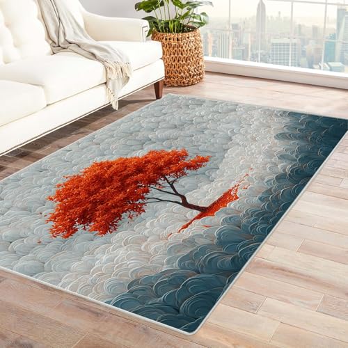 QUSAAOU Abstrakter Matte rutschfeste Unterseite Oranger Wolkenbaum Baum des Lebens Design Teppiche Perfekt für Wohnzimmer, BüRo Oder Schlafzimmer-Dekor(Orange 160)-150x180cm von QUSAAOU