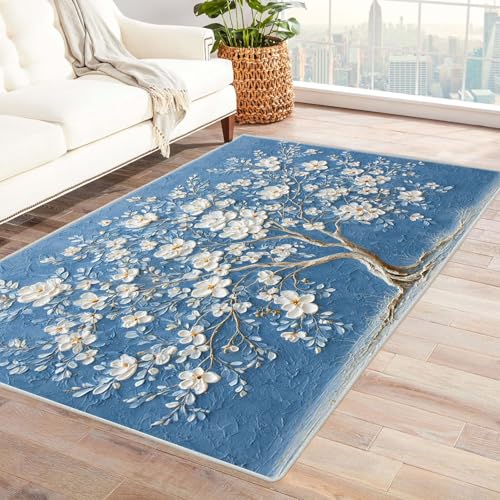 QUSAAOU Abstraktes Baum des Lebens Kunstgebiet Blauer Blumenbaum rutschfest Teppich Schlafzimmer, Esszimmer, Küche Flauschiger Extra Weich Tepich Reinigung(Blau 148)-60x90cm von QUSAAOU