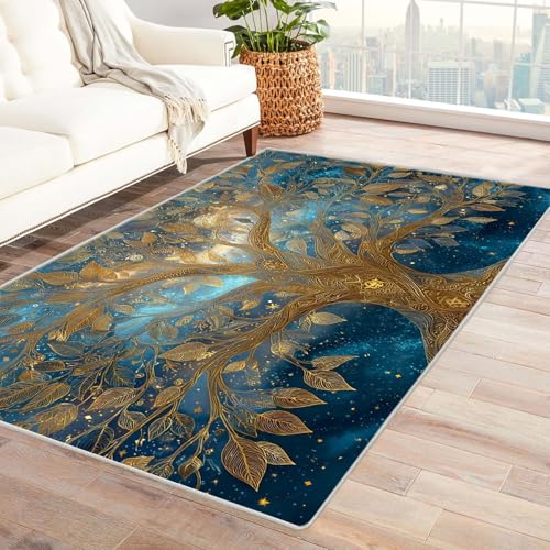 QUSAAOU Abstraktes Baum des Lebens Kunstgebiet Gemusterter Goldener Baum rutschfest Teppich Schlafzimmer, Esszimmer, Küche Flauschiger Extra Weich Tepich Reinigung(Gold 193)-150x210cm von QUSAAOU