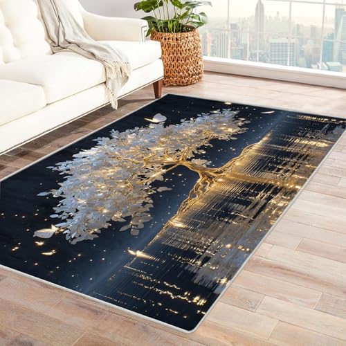QUSAAOU Abstraktes Baum des Lebens Kunstgebiet Golden Glow Baum rutschfest Teppich Schlafzimmer, Esszimmer, Küche Flauschiger Extra Weich Tepich Reinigung(Gold 133)-150x210cm von QUSAAOU
