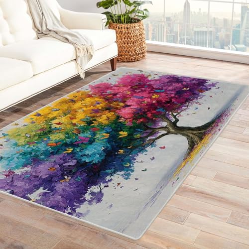 QUSAAOU Abstraktes Baum des Lebens Kunstgebiet Insektenbaumfarbe rutschfest Teppich Schlafzimmer, Esszimmer, Küche Flauschiger Extra Weich Tepich Reinigung(Multi 253)-60x90cm von QUSAAOU
