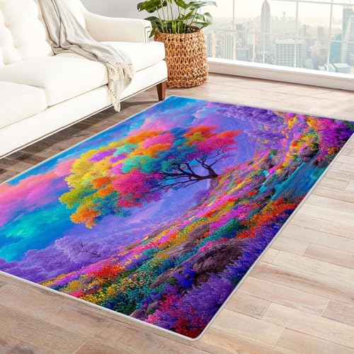 QUSAAOU Abstraktes Baum des Lebens Kunstgebiet Regenbogen-Fantasiebaum rutschfest Teppich Schlafzimmer, Esszimmer, Küche Flauschiger Extra Weich Tepich Reinigung(Multi 178)-150x180cm von QUSAAOU