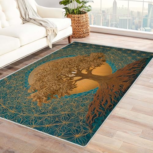 QUSAAOU Abstraktes Baum des Lebens Kunstgebiet Sonnenbeschienener Goldener Baum rutschfest Teppich Schlafzimmer, Esszimmer, Küche Flauschiger Extra Weich Tepich Reinigung(Gold 223)-150x210cm von QUSAAOU