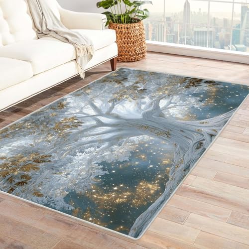 QUSAAOU Abstraktes Baum des Lebens Kunstgebiet Weißgoldener Baum rutschfest Teppich Schlafzimmer, Esszimmer, Küche Flauschiger Extra Weich Tepich Reinigung(Weiß 238)-120x180cm von QUSAAOU
