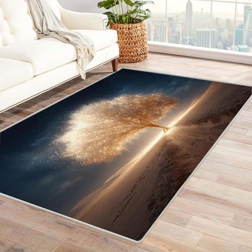 QUSAAOU Abstraktes Baum des Lebens Kunstgebiet Wüstenglühbaum rutschfest Teppich Schlafzimmer, Esszimmer, Küche Flauschiger Extra Weich Tepich Reinigung(Gold 208)-150x240cm von QUSAAOU