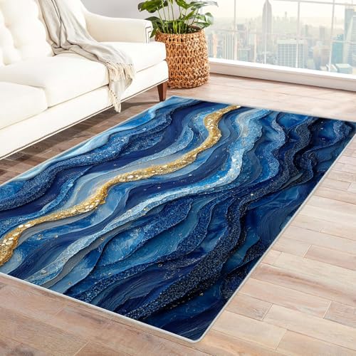 QUSAAOU Abstraktes Kunstgebiet, Maschinenwaschbar Teppich, Blaue Wellen Goldene Kunst-Design Anti-Rutsch Küchenmatte Wohnzimmer Veranda Matte Leicht zu Reinigen Weiche Bequeme Teppich-210x270cm QUSAAOU Abstraktes Kunstgebiet, Maschinenwaschbar Teppich, Blaue Wellen Goldene Kunst-Design Anti-Rutsch Küchenmatte Wohnzimmer Veranda Matte Leicht zu Reinigen Weiche Bequeme Teppich-210x270cm von QUSAAOU
