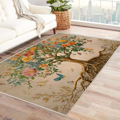 QUSAAOU Baum des Lebens Maschinenwaschbar Teppich Blühender Wurzelbaum Abstrakte rutschfest Teppiche Ideal für Wohnzimmer, Schlafzimmer Dekor Heimakzent(Multi 244)-180x240cm von QUSAAOU