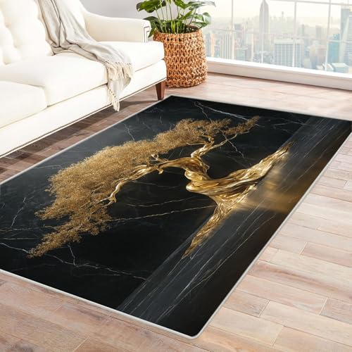 QUSAAOU Baum des Lebens Maschinenwaschbar Teppich Goldener Bonsai-Baum Abstrakte rutschfest Teppiche Ideal für Wohnzimmer, Schlafzimmer Dekor Heimakzent(Gold 109)-90x150cm von QUSAAOU