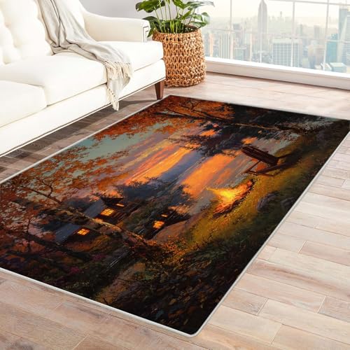 QUSAAOU Baum des Lebens Maschinenwaschbar Teppich Herbsthüttenbaum Abstrakte rutschfest Teppiche Ideal für Wohnzimmer, Schlafzimmer Dekor Heimakzent(Orange 139)-60x90cm von QUSAAOU