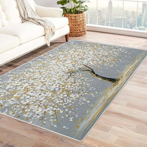 QUSAAOU Baum des Lebens Maschinenwaschbar Teppich Weißer Blütenbaum Abstrakte rutschfest Teppiche Ideal für Wohnzimmer, Schlafzimmer Dekor Heimakzent(Weiß 229)-90x150cm von QUSAAOU