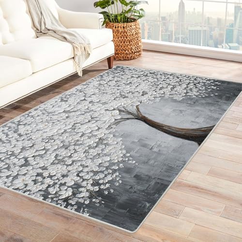 QUSAAOU Baum des Lebens Maschinenwaschbar Teppich Weißer Blütenbaum Abstrakte rutschfest Teppiche Ideal für Wohnzimmer, Schlafzimmer Dekor Heimakzent(Weiß 259)-90x120cm von QUSAAOU
