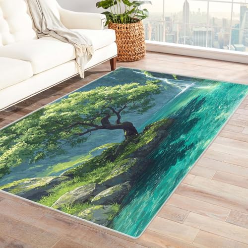 QUSAAOU Baum des Lebens Teppich Wohnzimmer Kurzflor Abstrakt Design Baum See Wasserfall rutschfest Teppich Schlafzimmer, Esszimmer, Küche Tepich(Grün 141)-120x180cm von QUSAAOU