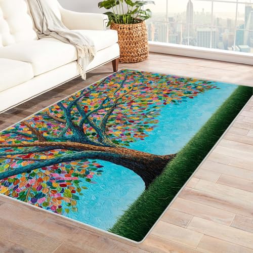 QUSAAOU Baum des Lebens Teppich Wohnzimmer Kurzflor Abstrakt Design Bunter Blattbaum rutschfest Teppich Schlafzimmer, Esszimmer, Küche Tepich(Multi 111)-150x240cm von QUSAAOU