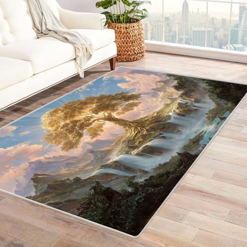 QUSAAOU Baum des Lebens Teppich Wohnzimmer Kurzflor Abstrakt Design Göttlicher Goldener Baum rutschfest Teppich Schlafzimmer, Esszimmer, Küche Tepich(Gold 156)-210x300cm von QUSAAOU