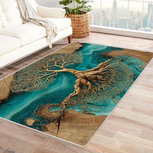 QUSAAOU Baum des Lebens Teppich Wohnzimmer Kurzflor Abstrakt Design Kunstbaum aus Harz rutschfest Teppich Schlafzimmer, Esszimmer, Küche Tepich(Multi 126)-150x210cm von QUSAAOU