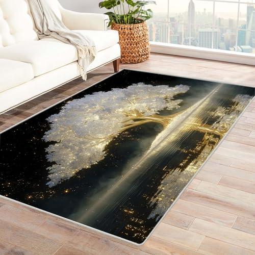 QUSAAOU Baum des Lebens Teppich Wohnzimmer Kurzflor Abstrakt Design Mystischer weißer Baum rutschfest Teppich Schlafzimmer, Esszimmer, Küche Tepich(Weiß 201)-150x210cm von QUSAAOU