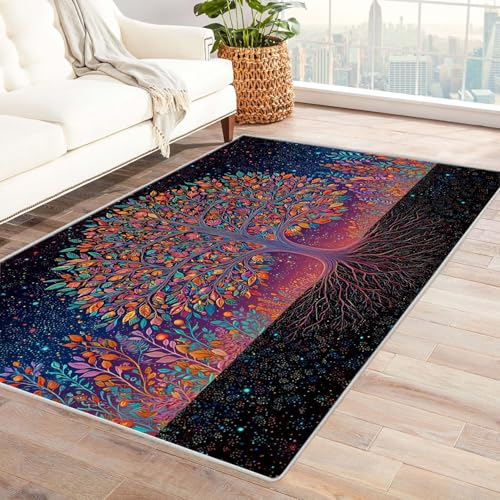 QUSAAOU Baum des Lebens Teppich Wohnzimmer Kurzflor Abstrakt Design Sternenlicht-Farbbaum rutschfest Teppich Schlafzimmer, Esszimmer, Küche Tepich(Multi 186)-150x210cm von QUSAAOU