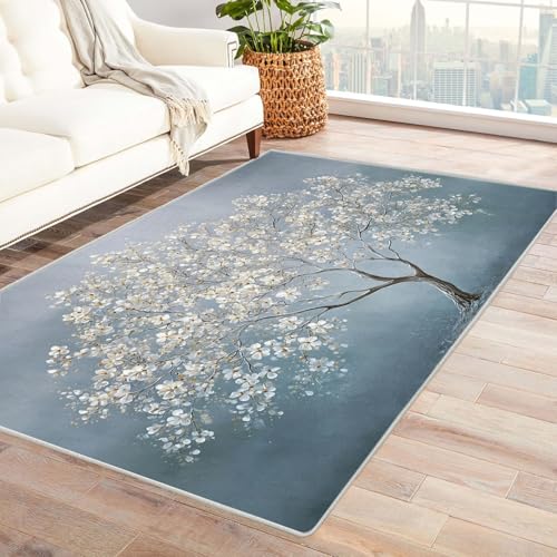 QUSAAOU Baum des Lebens Teppich Wohnzimmer Kurzflor Abstrakt Design Weiß blühender Baum rutschfest Teppich Schlafzimmer, Esszimmer, Küche Tepich(Weiß 231)-90x150cm von QUSAAOU