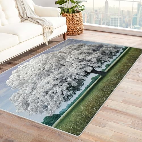 QUSAAOU Baum des Lebens Teppich Wohnzimmer Kurzflor Abstrakt Design Weißer Riesenbaum rutschfest Teppich Schlafzimmer, Esszimmer, Küche Tepich(Weiß 171)-150x210cm von QUSAAOU