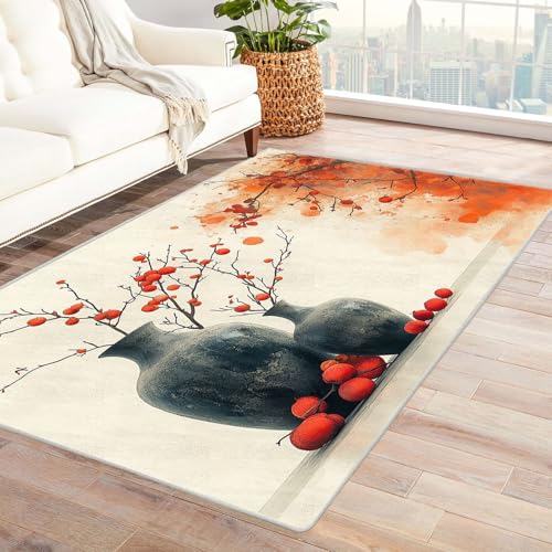 QUSAAOU Bodenmatte - Waschbar, Langlebig Teppich Blume Abstraktem Gelbem Spritz Design, Perfekt für Wohnzimmer, BüRo Oder Schlafzimmer-Dekor, Teppiche FüR Wohnzimmer(Rot)-150x180cm von QUSAAOU