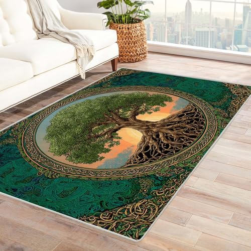 QUSAAOU Bodenmatte - Waschbar, Langlebig Teppich Keltischer grüner Baum Abstraktem Teppiche Design, Perfekt für Wohnzimmer, BüRo Oder Schlafzimmer-Dekor(Grün 168)-120x150cm von QUSAAOU