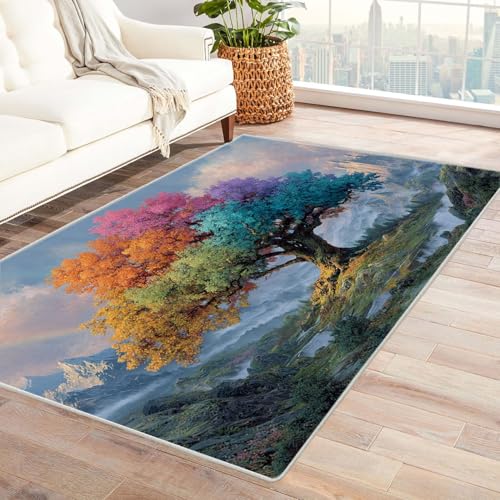 QUSAAOU Bodenmatte - Waschbar, Langlebig Teppich Regenbogen-Fantasiebaum Abstraktem Teppiche Design, Perfekt für Wohnzimmer, BüRo Oder Schlafzimmer-Dekor(Multi 108)-150x180cm von QUSAAOU