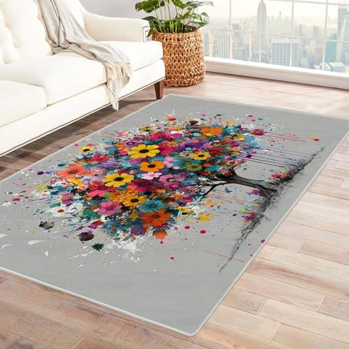 QUSAAOU Bodenmatte - Waschbar, Langlebig Teppich Spritzer Farbbaum Abstraktem Teppiche Design, Perfekt für Wohnzimmer, BüRo Oder Schlafzimmer-Dekor(Multi 123)-150x210cm von QUSAAOU