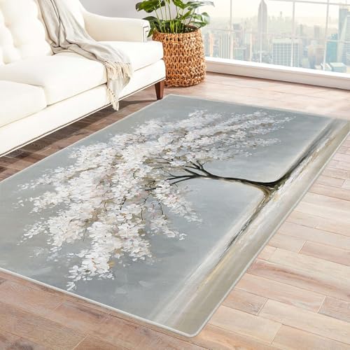 QUSAAOU Bodenmatte - Waschbar, Langlebig Teppich Weißer Blütenbaum Abstraktem Teppiche Design, Perfekt für Wohnzimmer, BüRo Oder Schlafzimmer-Dekor(Weiß 243)-90x120cm von QUSAAOU