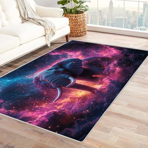 QUSAAOU Boho Abstrakt Teppich Wohnzimmer Kurzflor Waschbar, Elefant Kunst-Design Anti-Rutsch Küchenmatte Wohnzimmer Veranda Matte Leicht zu Reinigen Weiche Bequeme Teppich(Lila)-120x180cm von QUSAAOU