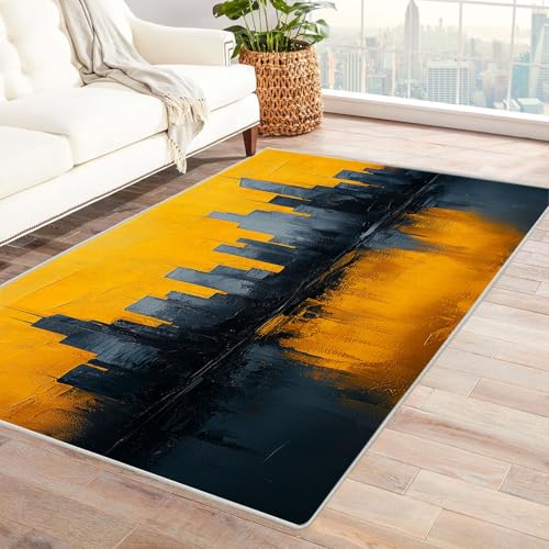 QUSAAOU Boho Abstrakt Teppich Wohnzimmer Kurzflor Waschbar, Stadt Kunst-Design Anti-Rutsch Küchenmatte Wohnzimmer Veranda Matte Leicht zu Reinigen Weiche Bequeme Teppich(Gelb)-240x300cm von QUSAAOU