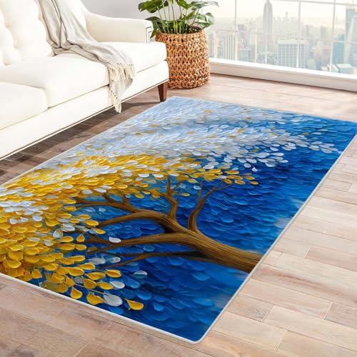 QUSAAOU Boho Abstrakt Teppich Wohnzimmer Kurzflor Waschbar Blau-Weiß-Baum Abstrakte rutschfest Teppiche Ideal für Schlafzimmer Dekor Heimakzent(Blau 105)-150x210cm von QUSAAOU