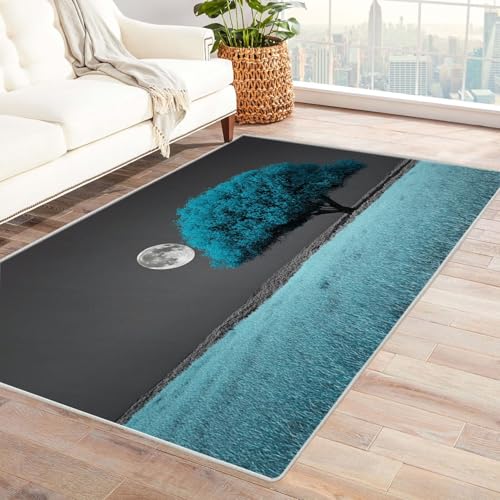 QUSAAOU Boho Abstrakt Teppich Wohnzimmer Kurzflor Waschbar Blauer Mondbaum Teppiche für Schlafzimmer Jugendzimmer Esszimmer Weich Modern Teppich Groß(Blau 264)-150x240cm von QUSAAOU