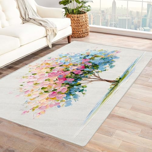 QUSAAOU Boho Abstrakt Teppich Wohnzimmer Kurzflor Waschbar Bunter Blütenbaum Abstrakte rutschfest Teppiche Ideal für Schlafzimmer Dekor Heimakzent(Multi 225)-90x120cm von QUSAAOU