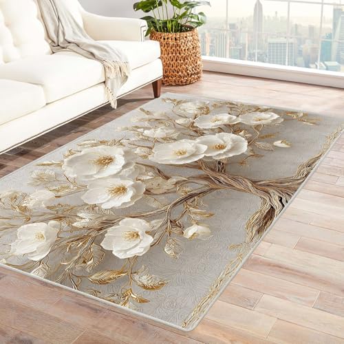 QUSAAOU Boho Abstrakt Teppich Wohnzimmer Kurzflor Waschbar Eleganter weißer Baum Teppiche für Schlafzimmer Jugendzimmer Esszimmer Weich Modern Teppich Groß(Weiß 204)-120x180cm von QUSAAOU
