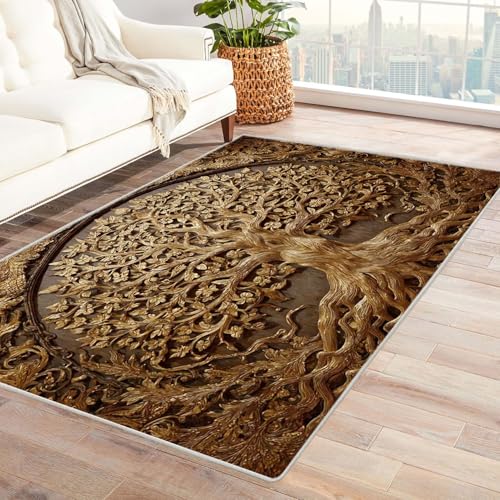 QUSAAOU Boho Abstrakt Teppich Wohnzimmer Kurzflor Waschbar Geschnitzter Goldbaum Abstrakte rutschfest Teppiche Ideal für Schlafzimmer Dekor Heimakzent(Gold 285)-150x240cm von QUSAAOU