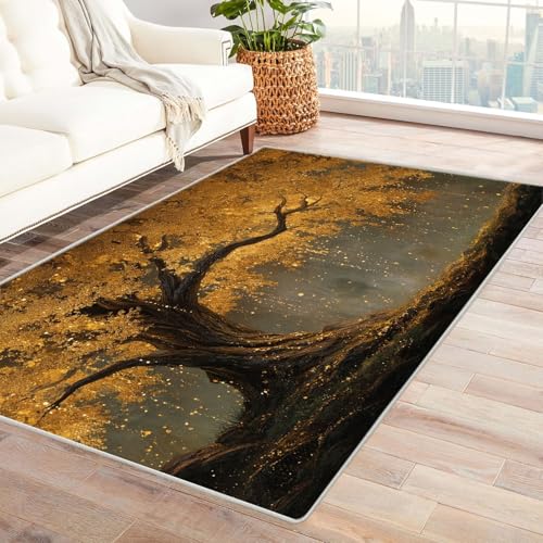 QUSAAOU Boho Abstrakt Teppich Wohnzimmer Kurzflor Waschbar Golden Glow Baum Teppiche für Schlafzimmer Jugendzimmer Esszimmer Weich Modern Teppich Groß(Gold 234)-150x210cm von QUSAAOU