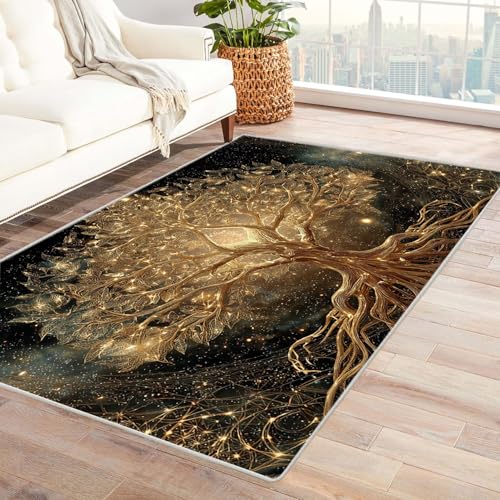 QUSAAOU Boho Abstrakt Teppich Wohnzimmer Kurzflor Waschbar Himmlischer Goldener Baum Teppiche für Schlafzimmer Jugendzimmer Esszimmer Weich Modern Teppich Groß(Gold 249)-150x240cm von QUSAAOU