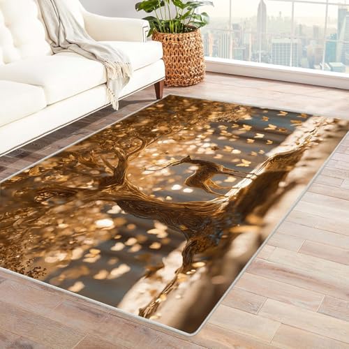 QUSAAOU Boho Abstrakt Teppich Wohnzimmer Kurzflor Waschbar Hirsch Goldbaum Teppiche für Schlafzimmer Jugendzimmer Esszimmer Weich Modern Teppich Groß(Gold 219)-180x270cm von QUSAAOU