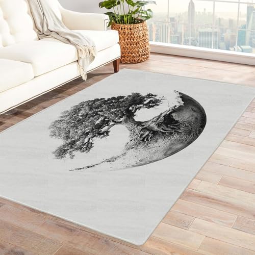 QUSAAOU Boho Abstrakt Teppich Wohnzimmer Kurzflor Waschbar Mondbaumkunst Teppiche für Schlafzimmer Jugendzimmer Esszimmer Weich Modern Teppich Groß(Grau 279)-90x120cm von QUSAAOU