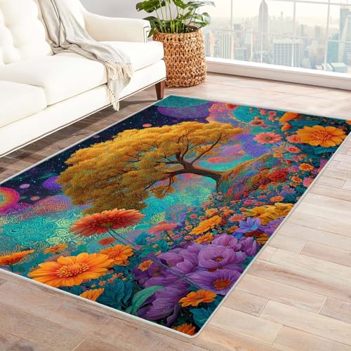 QUSAAOU Boho Abstrakt Teppich Wohnzimmer Kurzflor Waschbar Psychedelischer gelber Baum Teppiche für Schlafzimmer Jugendzimmer Esszimmer Weich Modern Teppich Groß(Gelb 144)-180x270cm von QUSAAOU