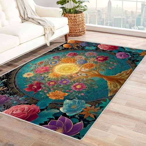 QUSAAOU Boho Abstrakt Teppich Wohnzimmer Kurzflor Waschbar Verzierter Blumenbaum Abstrakte rutschfest Teppiche Ideal für Schlafzimmer Dekor Heimakzent(Multi 195)-150x180cm von QUSAAOU