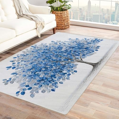 QUSAAOU Kurzflor Teppich Modern Abstrakt Design Blauer Blattbaum Vintage Abstrakte Muster rutschfest Teppiche Pflegeleicht, ideal für Wohnzimmer, Essbereich(Blau 158)-150x240cm von QUSAAOU