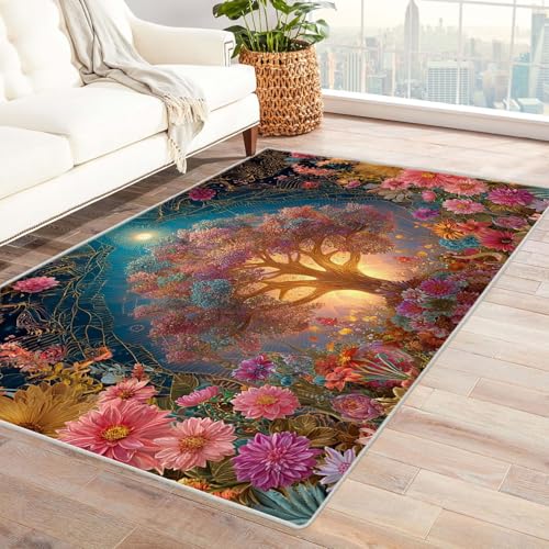 QUSAAOU Kurzflor Teppich Modern Abstrakt Design Göttlicher Blumenbaum Vintage Abstrakte Muster rutschfest Teppiche Pflegeleicht, ideal für Wohnzimmer, Essbereich(Multi 143)-150x240cm von QUSAAOU