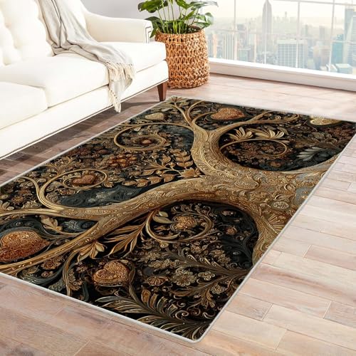 QUSAAOU Kurzflor Teppich Modern Abstrakt Design Goldener Herzbaum Vintage Abstrakte Muster rutschfest Teppiche Pflegeleicht, ideal für Wohnzimmer, Essbereich(Gold 188)-180x240cm von QUSAAOU