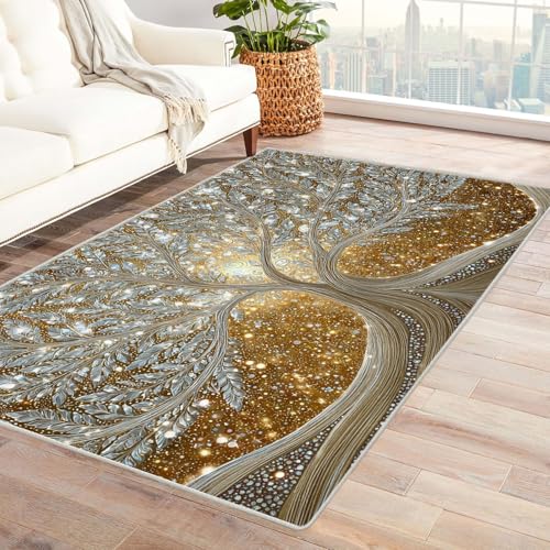 QUSAAOU Kurzflor Teppich Modern Abstrakt Design Goldener Silberbaum Vintage Abstrakte Muster rutschfest Teppiche Pflegeleicht, ideal für Wohnzimmer, Essbereich(Gold 128)-180x240cm von QUSAAOU