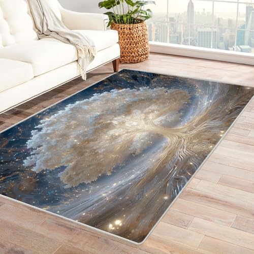 QUSAAOU Kurzflor Teppich Modern Abstrakt Design Leuchtend weißer Baum Vintage Abstrakte Muster rutschfest Teppiche Pflegeleicht, ideal für Wohnzimmer, Essbereich(Weiß 98)-150x210cm von QUSAAOU