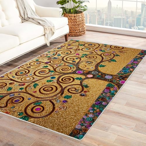QUSAAOU Kurzflor Teppich Modern Abstrakt Design Vergoldeter Wirbelbaum Vintage Abstrakte Muster rutschfest Teppiche Pflegeleicht, ideal für Wohnzimmer, Essbereich(Gold 173)-150x210cm von QUSAAOU