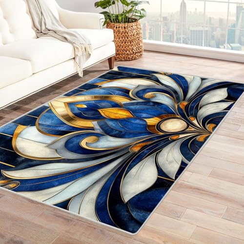 QUSAAOU Kurzflor Teppich Modern Modern Abstrakt Design, Blau-goldene Kunstdekoration Kunst-Design Anti-Rutsch Küchenmatte Wohnzimmer Veranda Matte Leicht zu Reinigen Weiche Bequeme Teppich-240x300cm von QUSAAOU