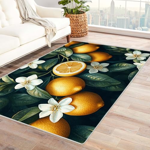 QUSAAOU Kurzflor Teppich Modern Modern Abstrakt Design, Zitronen Blumen botanisch Kunst-Design Anti-Rutsch Küchenmatte Wohnzimmer Veranda Matte Leicht zu Reinigen Weiche Bequeme Teppich-150x180cm von QUSAAOU